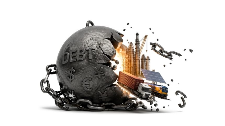 Large dark debt ball chained to heavy industry (factories, trucks, crane, solar panel) breaking free pieces, symbolizing debt burden on economy