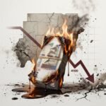 Stack of banknotes on fire amid a cracked wall and a descending line graph labeled 4100, signaling financial collapse or loss