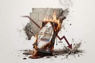 Stack of banknotes on fire amid a cracked wall and a descending line graph labeled 4100, signaling financial collapse or loss