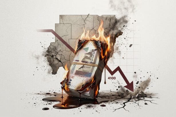 Stack of banknotes on fire amid a cracked wall and a descending line graph labeled 4100, signaling financial collapse or loss