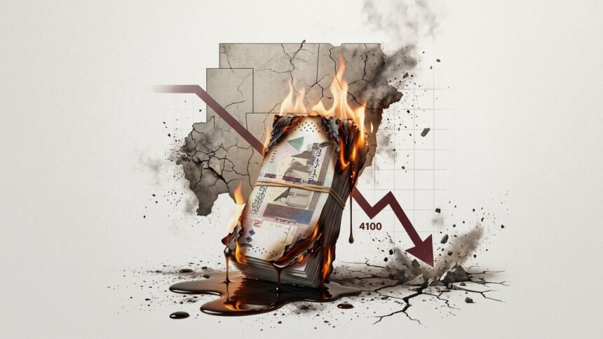 Stack of banknotes on fire amid a cracked wall and a descending line graph labeled 4100, signaling financial collapse or loss