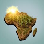 Africa-shaped landmass with a field of corn and a bright sun, symbolizing sustainable farming.
