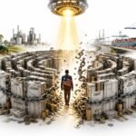 A person walks toward a glowing beam at the center of a circular, chained wall labeled with debt, loans, interest, and debt service. Scattered money surrounds the structure.