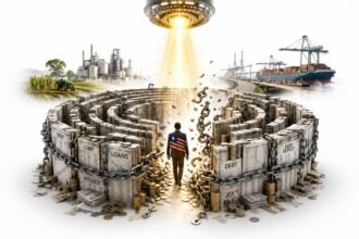 A person walks toward a glowing beam at the center of a circular, chained wall labeled with debt, loans, interest, and debt service. Scattered money surrounds the structure.