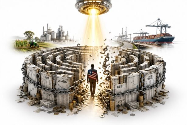 A person walks toward a glowing beam at the center of a circular, chained wall labeled with debt, loans, interest, and debt service. Scattered money surrounds the structure.