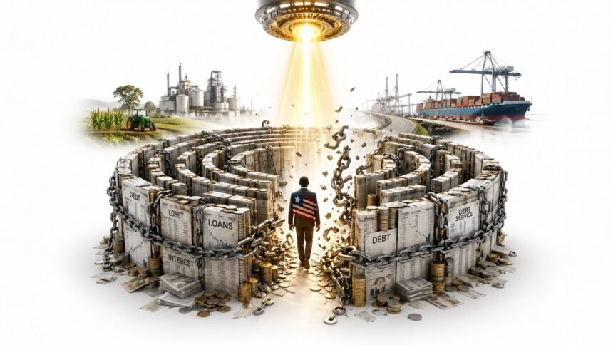 A person walks toward a glowing beam at the center of a circular, chained wall labeled with debt, loans, interest, and debt service. Scattered money surrounds the structure.