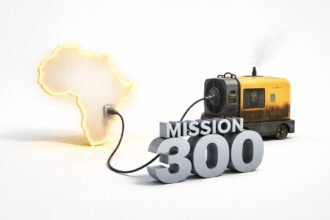 Children in a rural African village studying under electric light for the first time as part of efforts to expand clean and reliable power access under Mission 300