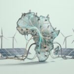 Technicians walking between long rows of solar panels under intense heat in West Africa, symbolising Africa’s uneven and contested energy transition