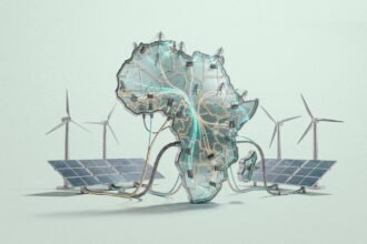 Technicians walking between long rows of solar panels under intense heat in West Africa, symbolising Africa’s uneven and contested energy transition
