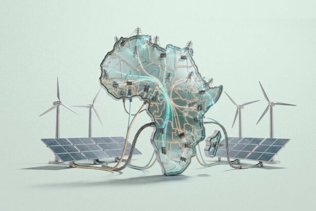Technicians walking between long rows of solar panels under intense heat in West Africa, symbolising Africa’s uneven and contested energy transition