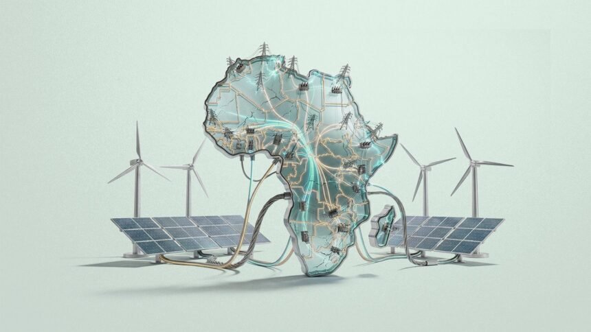 Technicians walking between long rows of solar panels under intense heat in West Africa, symbolising Africa’s uneven and contested energy transition