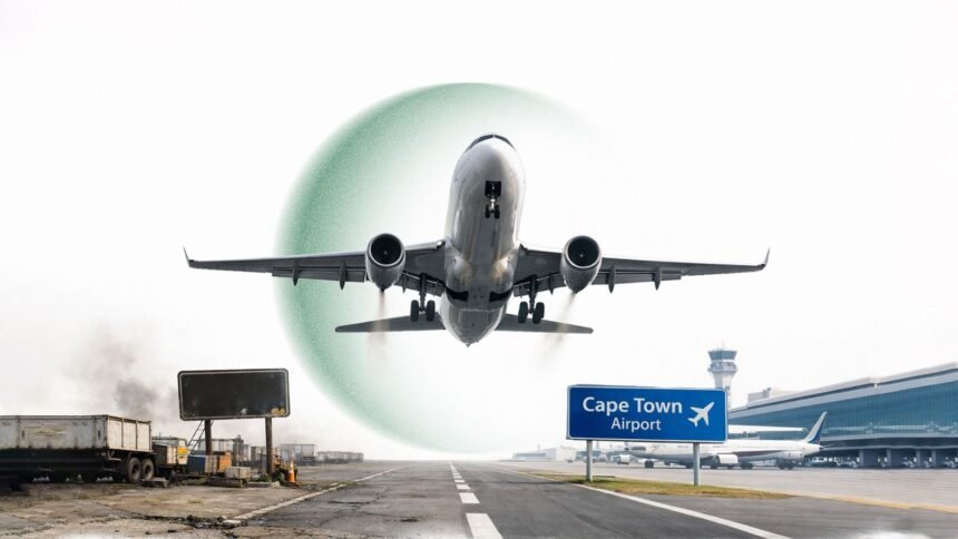 Passengers walking through Cape Town International Airport’s bright, orderly terminal with on time departure boards, contrasting with many under resourced African airports