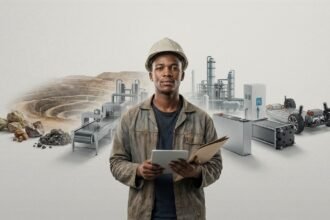 Young South African mining graduate at Johannesburg’s Park Station scrolling past headlines on critical minerals and green industrialisation while searching for work