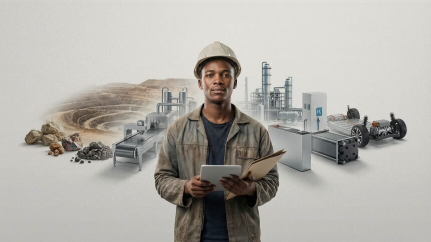 Young South African mining graduate at Johannesburg’s Park Station scrolling past headlines on critical minerals and green industrialisation while searching for work