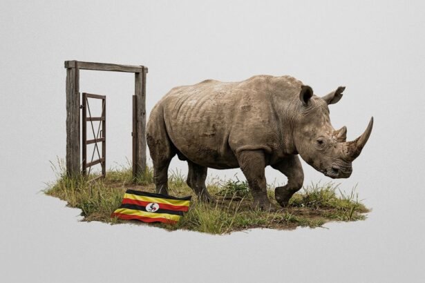 A southern white rhino stepping out of a transport crate onto the savanna in Ugandas Kidepo Valley National Park as rangers watch from a distance