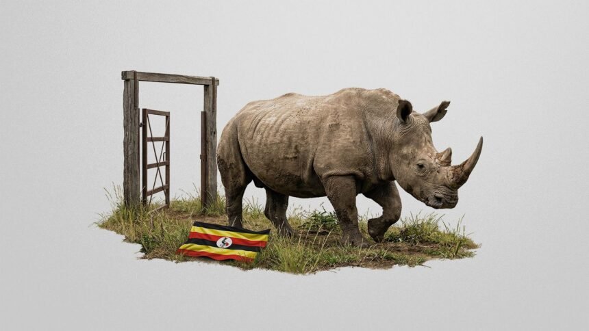 A southern white rhino stepping out of a transport crate onto the savanna in Ugandas Kidepo Valley National Park as rangers watch from a distance
