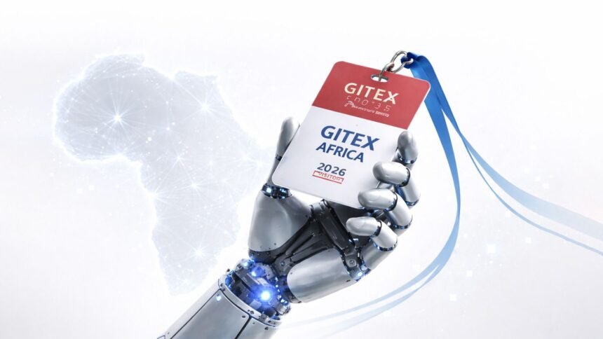 Visitors walking through a busy exhibition hall at GITEX AFRICA in Marrakech surrounded by AI and cloud infrastructure booths