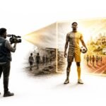African athlete standing tall on the field, celebrating a hard‑fought victory with teammates, symbolizing dignity, resilience, and agency in African sports.