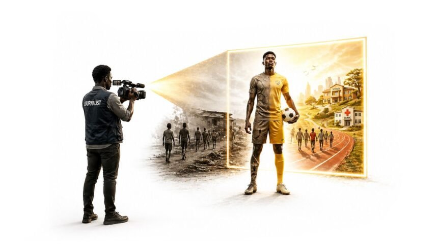 African athlete standing tall on the field, celebrating a hard‑fought victory with teammates, symbolizing dignity, resilience, and agency in African sports.
