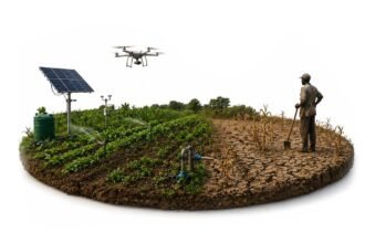 African farmers using climate-smart agriculture technologies including solar irrigation and drought-resistant crops amid climate finance shortfalls