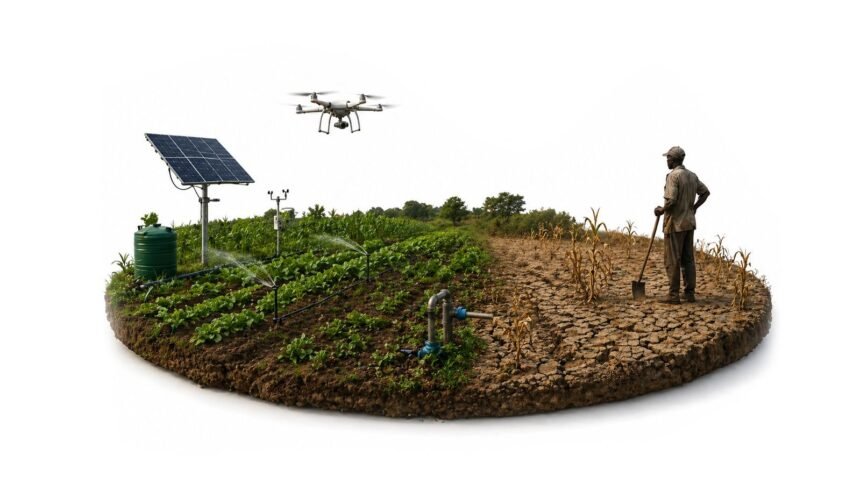African farmers using climate-smart agriculture technologies including solar irrigation and drought-resistant crops amid climate finance shortfalls