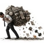 A man in a white dress shirt and tie strains as he carries a giant, heavy boulder strapped to his back. The boulder is composed of various life pressures, including a house, a long list of bills, a clock, a cracked heart, a briefcase, and childhood toys. Debris, including a coffee mug, pills, and a dumbbell, falls from the crumbling boulder onto the cracked ground beneath him.