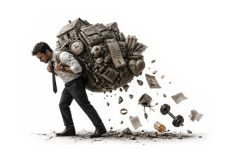 A man in a white dress shirt and tie strains as he carries a giant, heavy boulder strapped to his back. The boulder is composed of various life pressures, including a house, a long list of bills, a clock, a cracked heart, a briefcase, and childhood toys. Debris, including a coffee mug, pills, and a dumbbell, falls from the crumbling boulder onto the cracked ground beneath him.