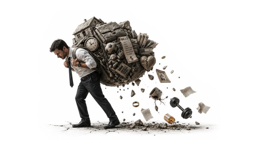 A man in a white dress shirt and tie strains as he carries a giant, heavy boulder strapped to his back. The boulder is composed of various life pressures, including a house, a long list of bills, a clock, a cracked heart, a briefcase, and childhood toys. Debris, including a coffee mug, pills, and a dumbbell, falls from the crumbling boulder onto the cracked ground beneath him.