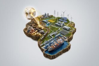 Solar energy, industrial infrastructure and trade logistics illustrating foreign investment and local value creation in Africa.