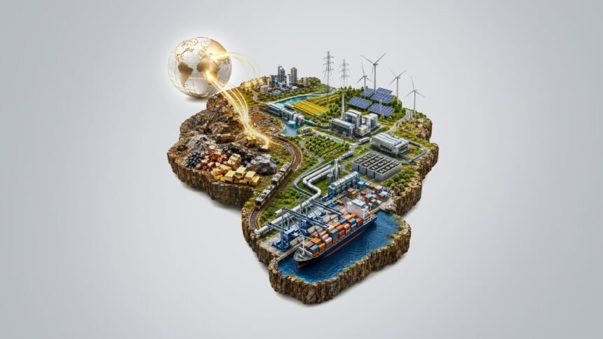Solar energy, industrial infrastructure and trade logistics illustrating foreign investment and local value creation in Africa.